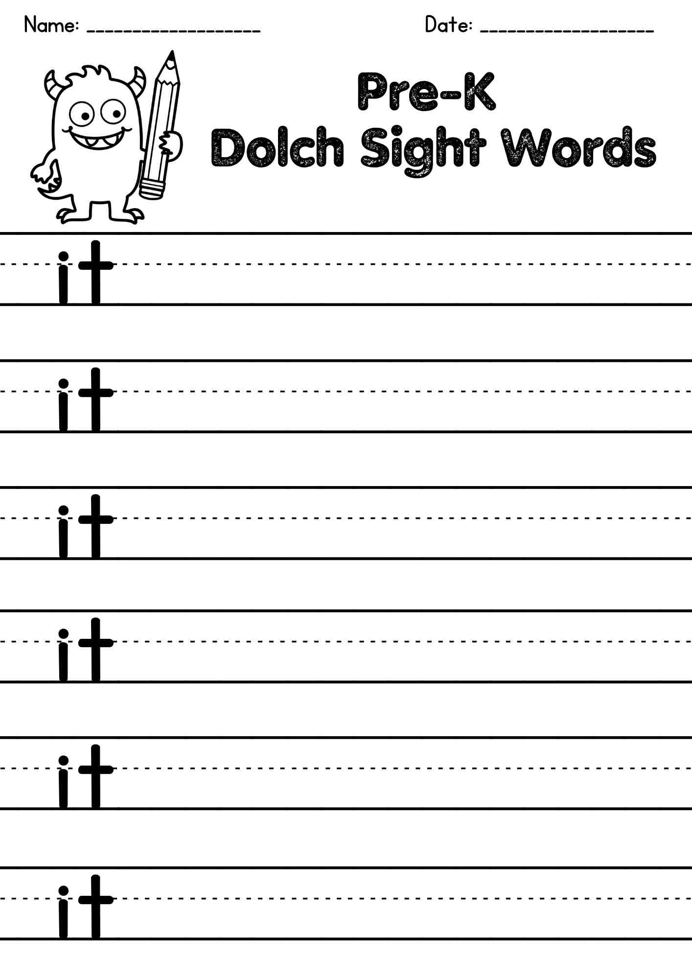 "it" Dolch Sight Word Writing Worksheets – Free PDF Download for Early Learners